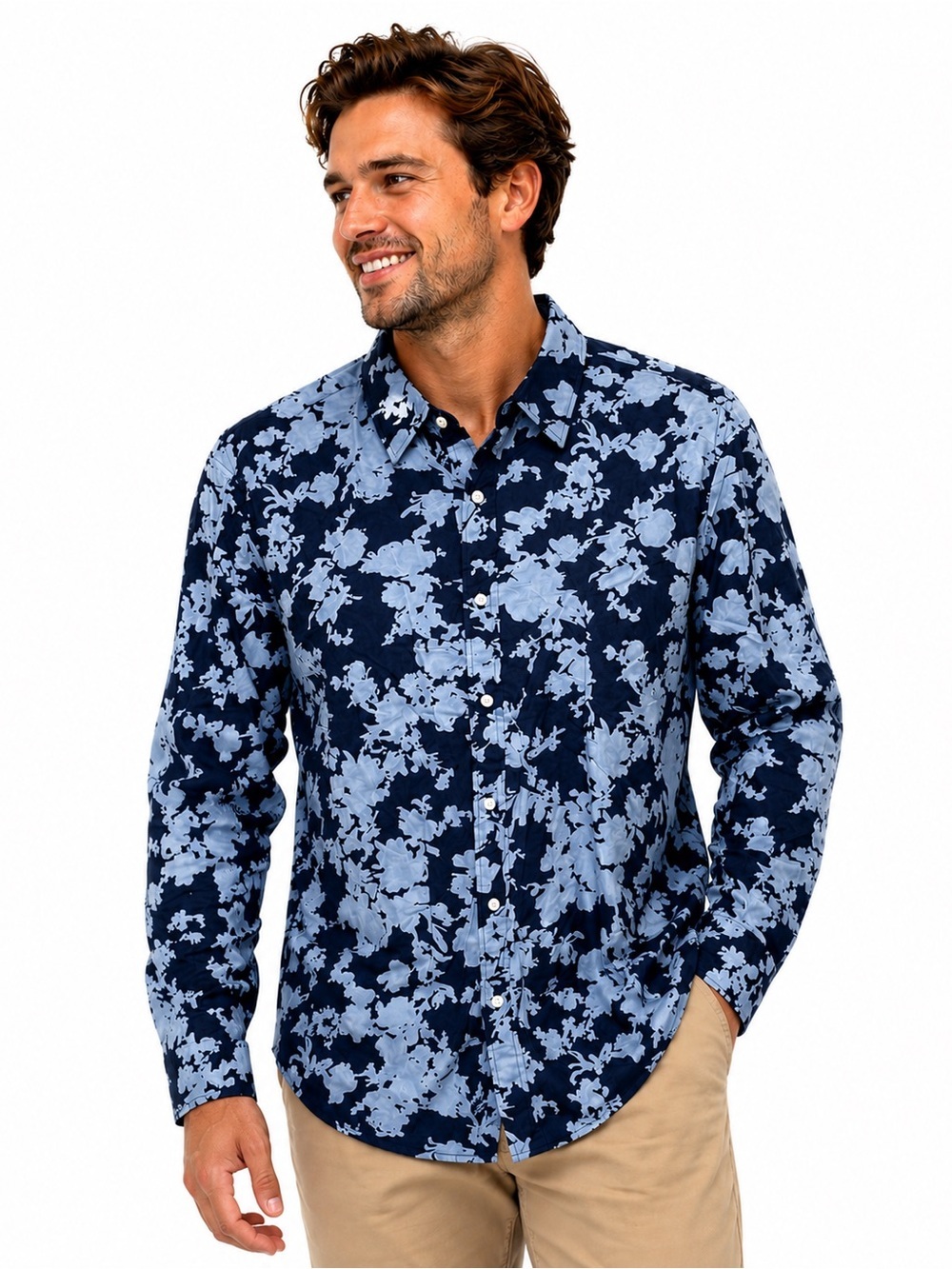 NWT Michael Kors Navy and Light Blue Floral Button-Up Shirt